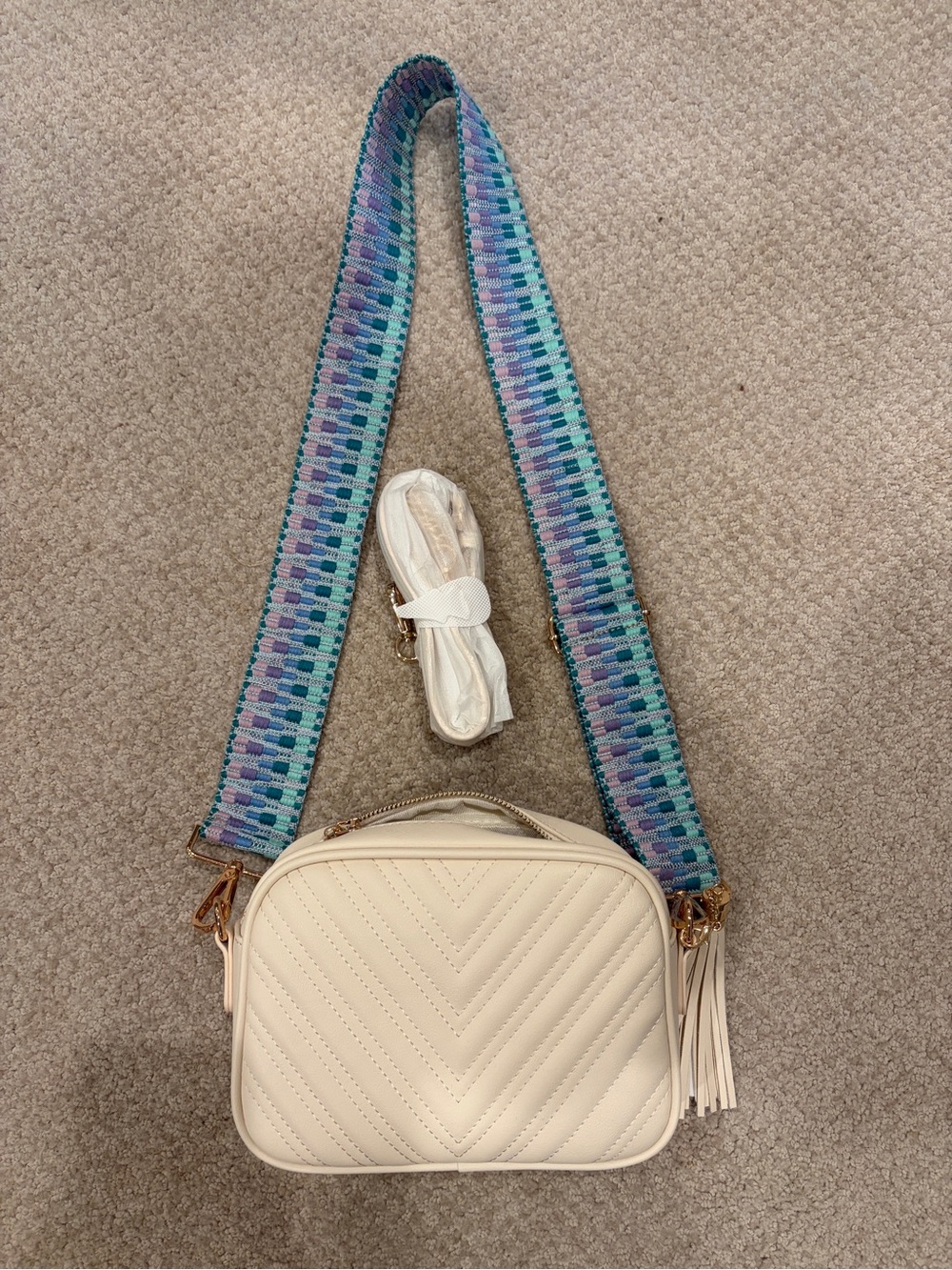 Women’s Cream Quilted Crossbody Bag with Decorative Strap